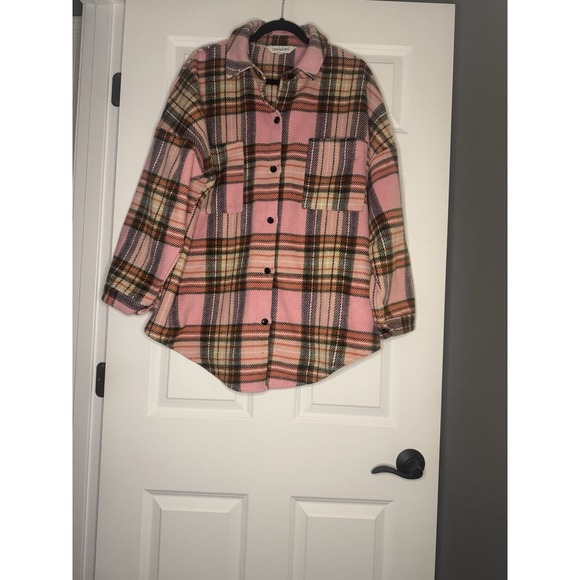 Davi And Dani Jackets & Blazers - Davi And Dani Medium Plaid Shacket Pink Green White Black Beige